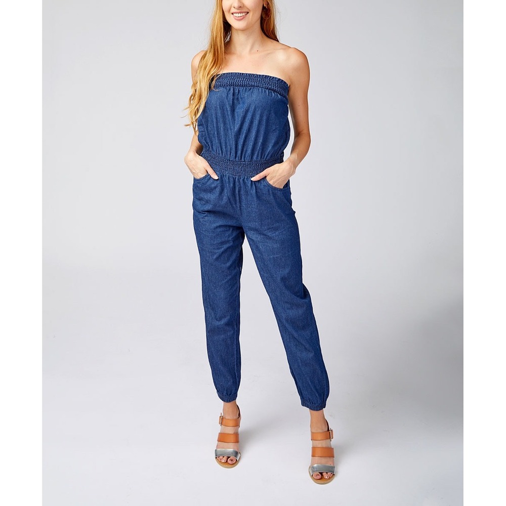 988. Dollhouse Junior Denim Strapless Smocked Jumpsuit Blue Size Large
